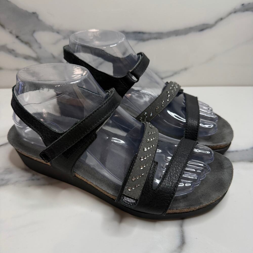 Naot Women's Black/Silver Leather Kendall Sandals Sz 39 Sz 8.5 Strappy Comfort